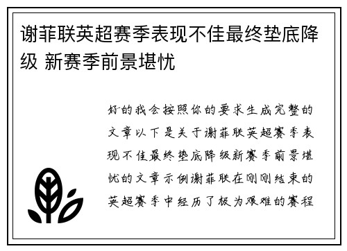 谢菲联英超赛季表现不佳最终垫底降级 新赛季前景堪忧 谢菲联英超赛季表现不佳最终垫底降级 新赛季前景堪忧